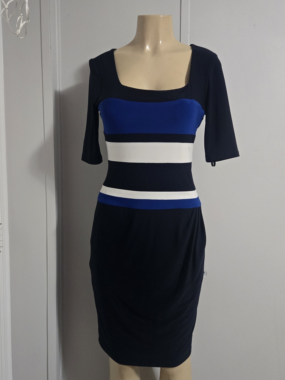 Lauren Ralph Lauren Navy, Royal Blue & White Striped Square-Neck Midi Dress